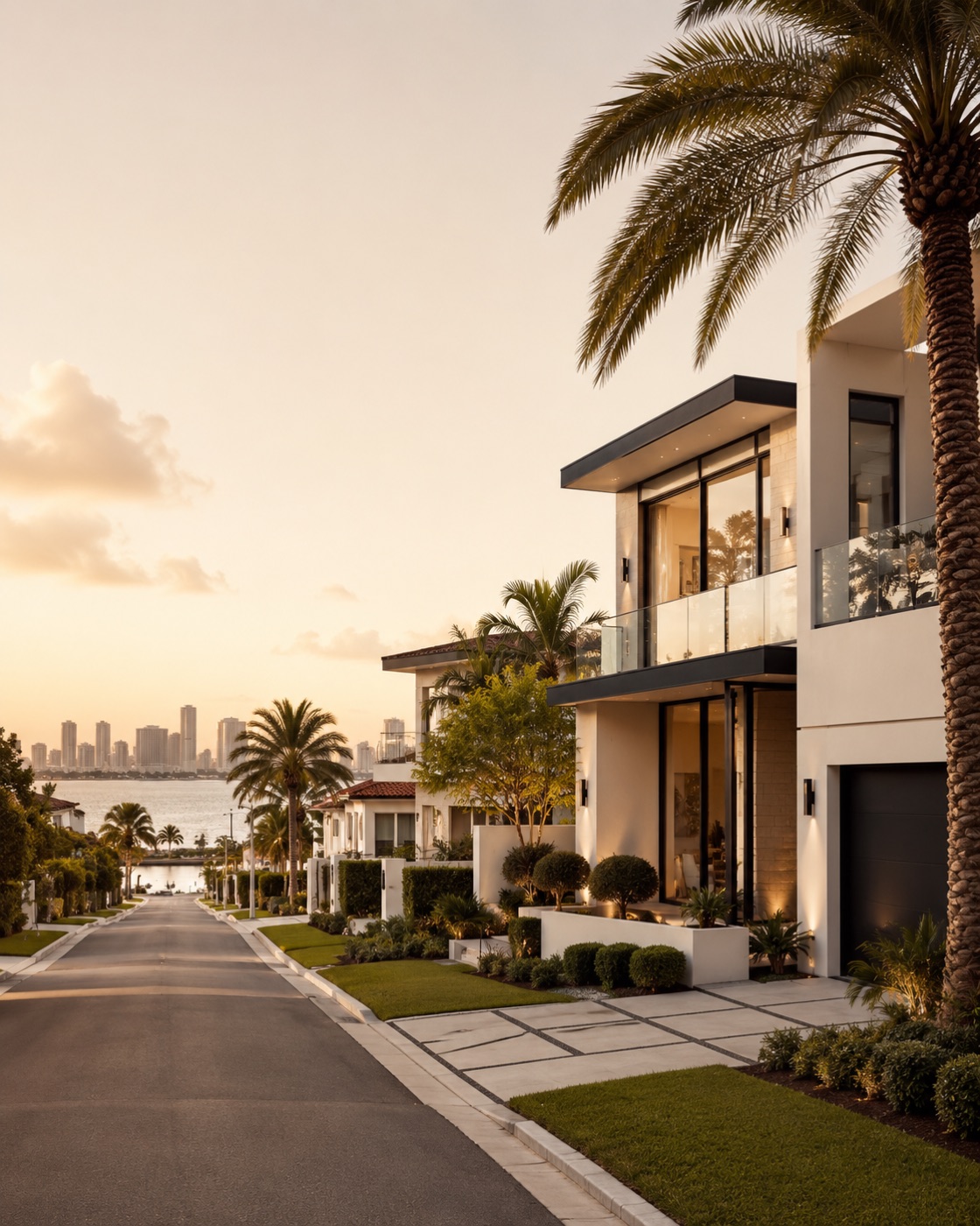 Modern luxury home at golden hour with the Miami skyline beyond